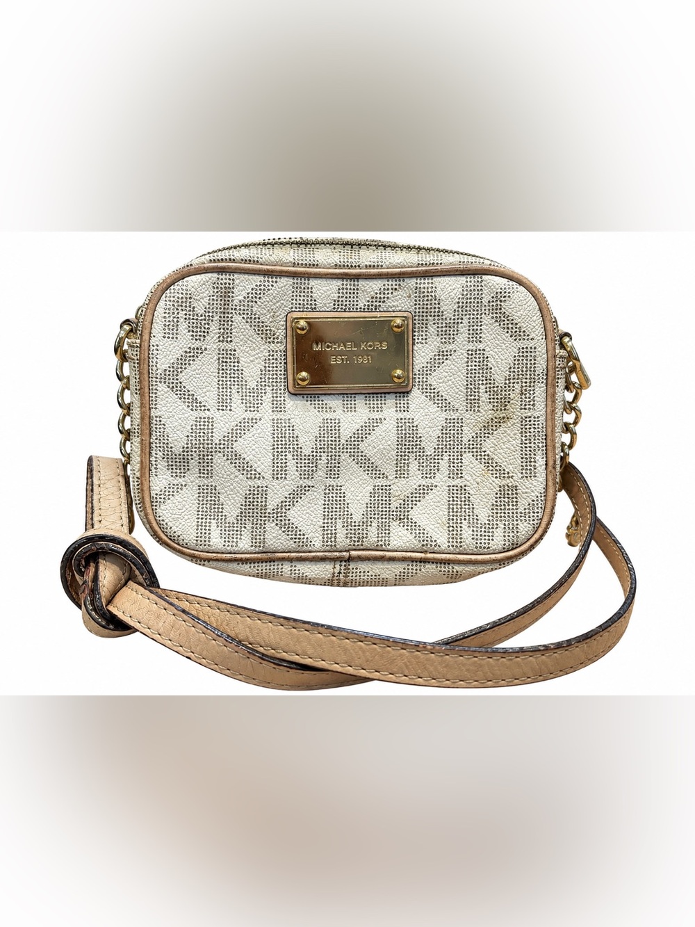 Michael Kors White and Beige Logo Mini Crossbody Bag